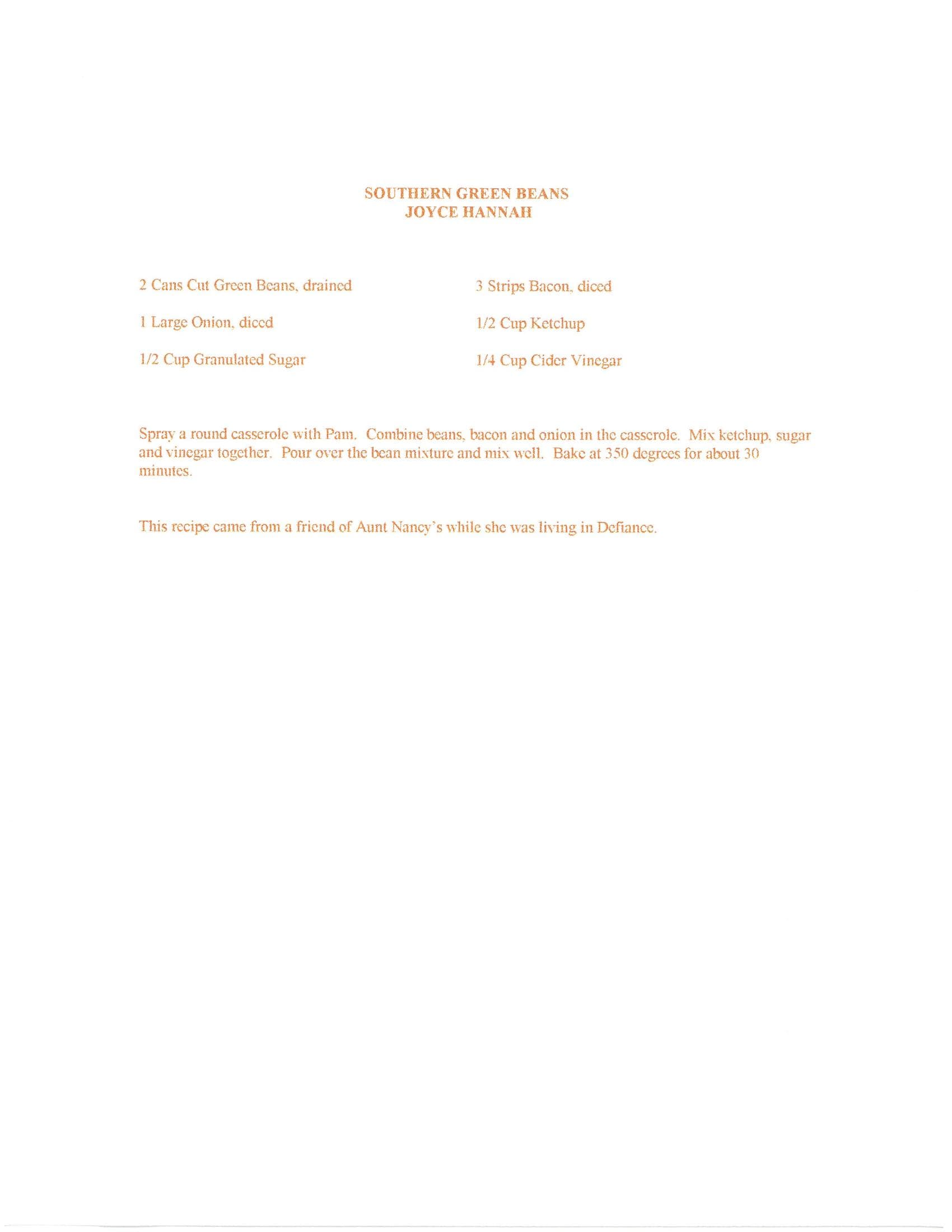 Original cookbook page for Southern Green Beans