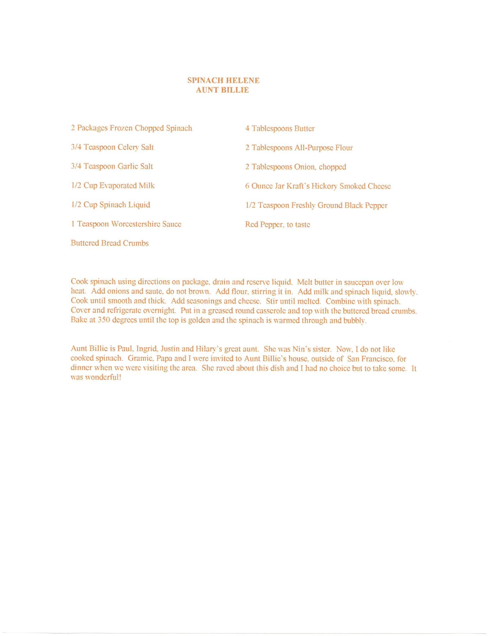 Original cookbook page for Spinach Helene